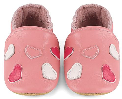 LACOFIA Chaussons en Cuir Souple Bébé Filles Chaussures Bébé Premiers Pas avec Semelle Souple Antidérapante Coeur Rose 12-18 Mois