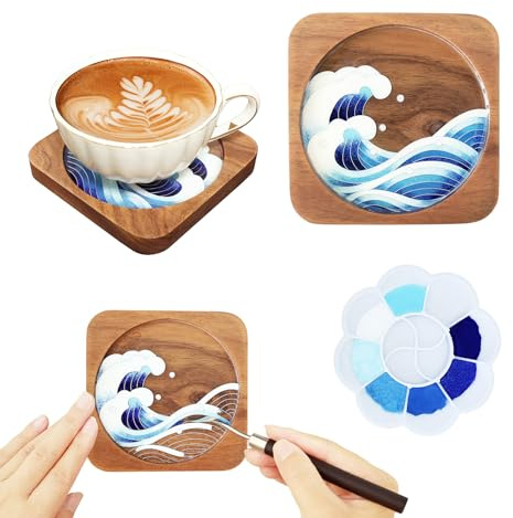 Holzuntersetzer Cloisonne Kit The Great Waves, Crafty Gifts for Women, Filigrane Emaille Einzigartige Untersetzer DIY Crafting Kits - Sommer Handwerk für Erwachsene, Teenager, Frauen, Hobby