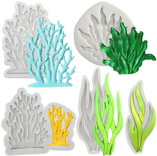 Lot de 5 moules en silicone pour fondant sur le thème marin en forme d'algues et de corail, outils de cuisson faits à la main pour décorer des gâteaux, fondants, pâtes, biscuits