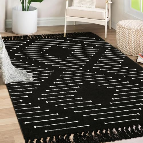 Tritard Boho-Teppich, waschbar, 10,2 x 15,2 cm, gewebte Baumwolle, leichter Eingangsbereich, Schlafzimmer, Überwurf, Teppiche mit Quasten, dünner Bauernhaus-Azteken-Teppich für Küche, Bad, Eingang,