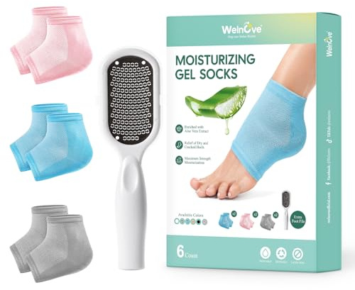 Welnove Moisturizing Heel Socks - 3 Pairs Aloe Vera Extract Infused Gel Lining for Dry Feet - Cracked Heel Repair Treatment - Cotton Socks for Women Men Foot Care (Includes Foot File, Extra Large)