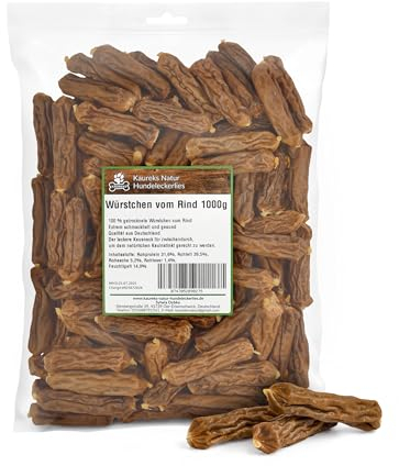 Kaureks Natur, Würstchen vom Rind 1000g, Deutsche Herstellung, für Hunde, Würstchen für Hunde, Rinderfleisch, Kausnack, Hundefutter, Kauartikel, Hundeleckerlies