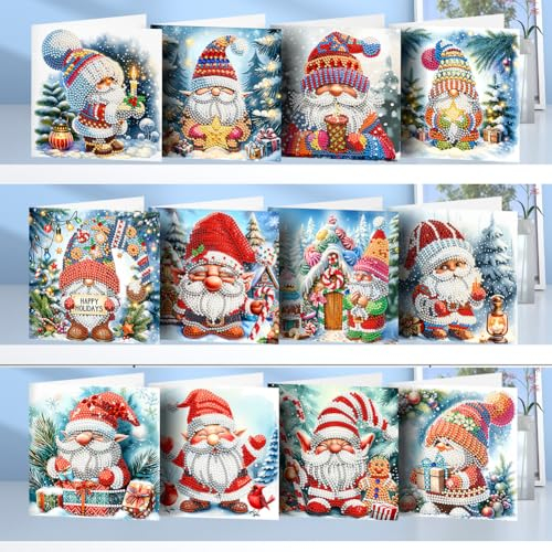 Junerain 12Stück DIY Diamond Art Painting Weihnachtsgrußkarten mit Umschlägen, Diamant Painting leere Weihnachtskarten, Glitzer Grußkarte Diamant Malerei Weihnachtsbasteln Kindergeschenke