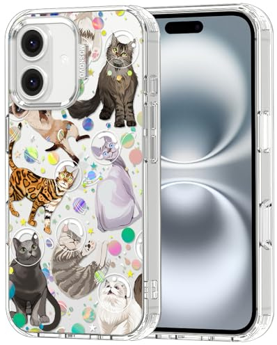 MOSNOVO Case for iPhone 16, [Buffertech 6.6ft Military-Grade Drop Protection] [Anti Peel Off Tech] Clear TPU Bumper Phone Case Cover Design - Space Cat