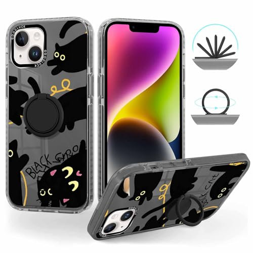 Foonary Phone case Compatible with iPhone 15 6.1 inch, 360°Magnetic Ring Holder Kickstand Soft Silicone Shockproof AestheticsProtective Resistant Fashion Black Cat Bumper Cover for iPhone 15