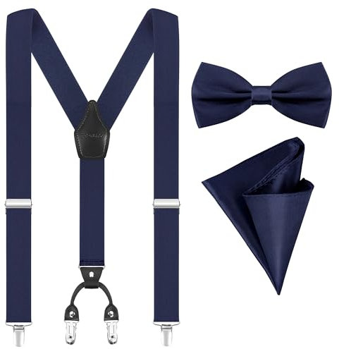 Fevaeno Hosenträger für Herren Breit 3.5cm mit Metal Clips Einstellbar und Elastisch Einheitsgröß Hosenträger Fliege Einsteckuch Set Y-Nachtblau