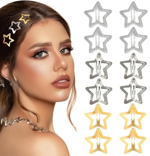 12 pezzi fermagli per capelli a stella, oro, argento fermagli per capelli a stella in metallo con chiusura a scatto, Fermagli per incavata bambini, ragazze e donne, bellissimi copricapo a stella