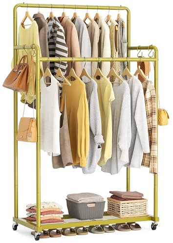 HOMIDEC Clothes Rail,Metal Clothes Rack with Hooks, Double Rads Heavy Duty Clothing Rail for Bedroom,Portable Clothing Rack Clothes Storage Shelf,Hold up to 80 kg,Gold
