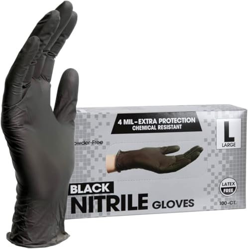 PROMART Disposable Nitrile Gloves Black, Chemical Resistant, Powder-Free, Latex-Free, Non-Sterile, Food Safe, Black,100-Count (100, LARGE)