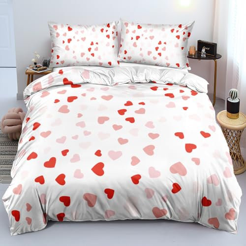 Boqingzhu Bettwäsche Herzen Aesthetic 135x200cm Rot Rosa Weiß Süß Romantisch Bettwäsche Set Microfaser Einzelbett mit Kissenbezug 80x80cm mit Reißverschluss