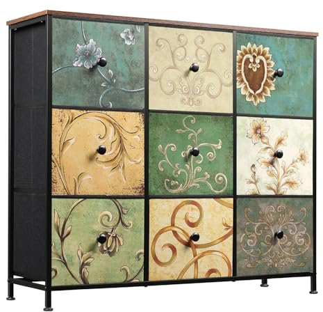 BRILVERDE Cómoda con 9 cajones, aparador bohemio con tablero de madera y estructura de metal, mueble de TV con cajones de tela, cómoda para salón, dormitorio, pasillo