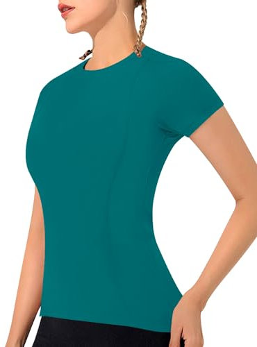IECCP Workout Shirts for Women Short Sleeve Crew Neck Athletic Yoga Running Tops Moisture Wicking Quick Dry T-Shirt for Casual Ladies Gym Tops Lake Green XS