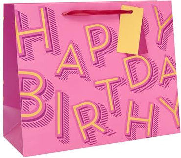 UK Greetings | Large Gift Bag for Her/Friend | Party Bags for Presents | Birthdays/Weddings/Mother's Day | Pink Happy Birthday Design | 33 x 26.7 x 13.7 cm