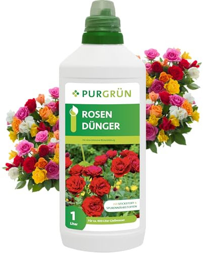 Purgrün® Rosendünger 1 Liter – Prächtige, farbenfrohe Blüten – Für innen & außen – Premium-Dünger mit Spurennährstoffen – Stärkt die Widerstandskraft – Konzentrat für ca 400 Liter Gießwasser