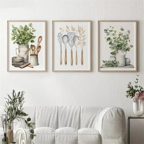 Generisch 3 Stück Botanische Küche Wandbilder, Grün Eukalyptus Blätter Wand Kunstdrucke, Boho Pflanzen Leinwand Bilder für Küche Esszimmer Dekor(ohne Rahmen) (21×30)