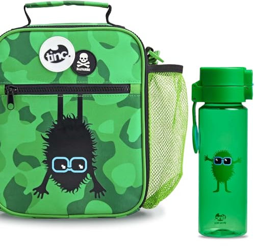 Tinc Kids Insulated Lunch Bag + Flip & Clip Water Bottle for Boys & Girls - Adjustable Strap + Bottle Holder | Water Resistant Leakproof Cooler Bag for School or Home | Hugga, Camo Green