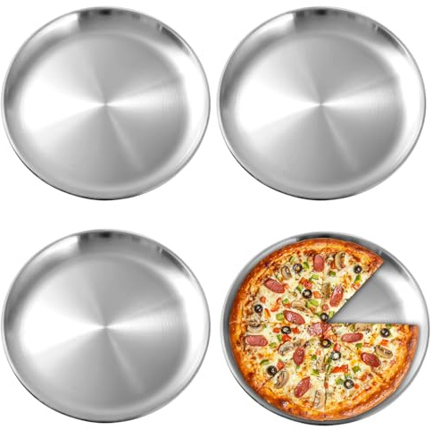 PORFOYO Platos de Acero Inoxidable 30cm, 4 Piezas Platos Redondos de Acero Inoxidable, Plato de Barbacoa, Juego de Platos de Camping de Acero Inoxidables, para Picnic, Hogar, Camping al Aire Libre