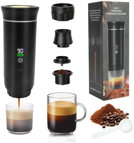 Tragbare Espressomaschine, 3-in-1-Camping-Kaffeemaschine, 20 Bar Mini-Reisekaffeemaschine mit USB, selbsterhitzend, kompatibel mit gemahlenem Kaffee und Kapseln für Wandern, Büro und Wohnmobil