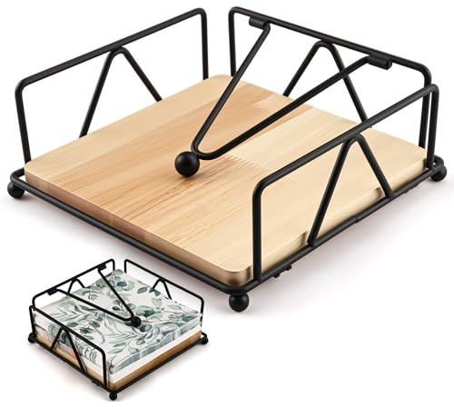 Foydream Portatovaglioli da Tavola, Porta Tovaglioli in Metallo con Quadrato Base Legno, Porta Scottex con Braccio Appesantito, Portatovaglioli di Carta per Tavoli Bar Cucina 18 x 18 x 7 cm, Nero