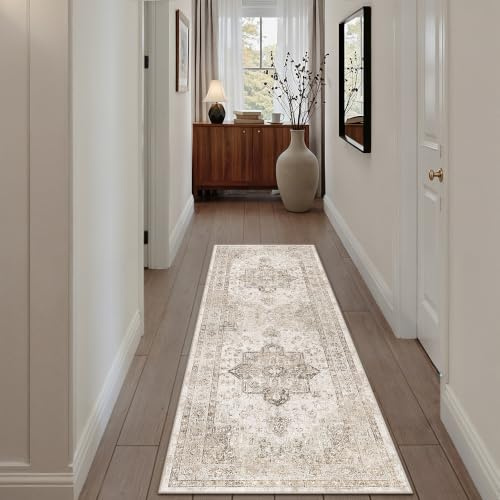 PureCozy Beige Vintage Teppich Läufer Flur 60x180cm Waschbar | Waschbarer Teppich, Weich Rutschfest, Kurzflor im Retro, für Schlafzimmer Küche Flur, Langer Teppichläufer