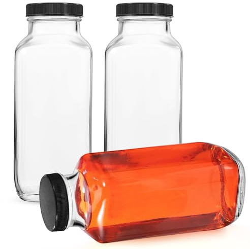 BAZEITFLOW 3 piezas Botellas de Vidrio con Tapa Hermética Octagonales de Leche Jugo y Bebidas Frascos Transparentes Reutilizables para Cocina y Refrigeración Reutilizable