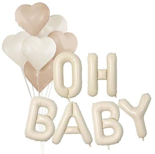Vmoomax Luftballon Set Cremeweiß, 16 Zoll OH BABY Buchstaben Folienballon, Herz Luftballons Beige & Weiß, Babyparty Deko Für Junge Mädchen