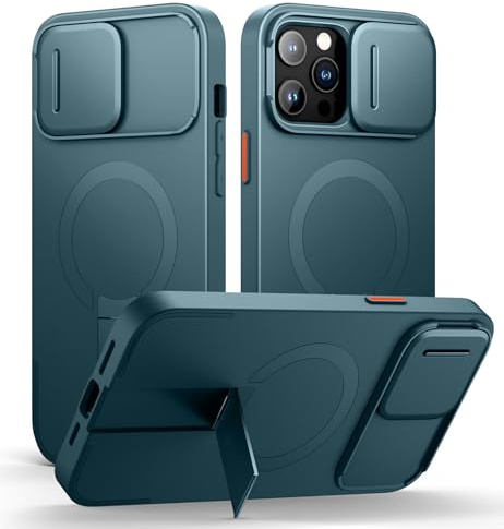 SURITCH Magnetic Case Compatible with iPhone 12 pro max/13 pro max, Shockproof Protective Cover with Slide Camera Cover and Adjustable Kickstand(Lake Green)