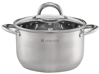 AMBITION Kochtopf mit Glasdeckel 18 cm Solar 2,5 l Edelstahltopf Induktion alle Herdarten Innenskala spülmaschinenfest