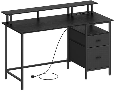 VASAGLE Gaming-Schreibtisch, mit Schubladen aus Stoff, Computertisch mit Bildschirmhalterung, Mehrfachsteckdose, 2 USB-Anschlüsse, für Heimbüro, 140 x 60 cm, Schwarz Holz LWD094B56V1