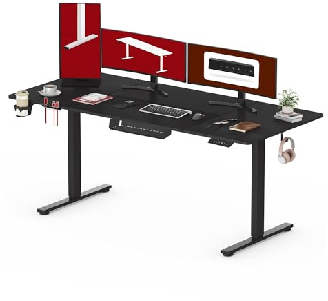 SANODESK 160 * 60 Electric Standing Desk Height Adjustable Desk with Cable management Tray Sit Stand Table with 4 Memory Smart Pannel, Hooks and Cupholder for Home Office