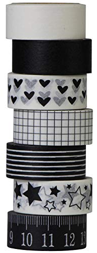 UOOOM 7 Rolls Washi Tape Set Schwarz Weiß Klebebänder Liebesmuster - Pentagramm-Muster - Lineal Muster Masking Tape deko Klebeband DIY Scrapbook deko (Schwarz Weiß)