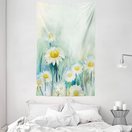 ABAKUHAUS Blumen Wandteppich und Tagesdecke, Gänseblümchen-Blumen-Feld-Kunst aus Weiches Mikrofaser Stoff Waschbar ohne Verblassen Digitaldruck, 140 x 230 cm, Weiß
