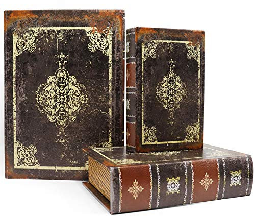 Jolitac Dekorative Buchboxen Weltkarte Muster Antik Buch Unsichtbare Box mit Magnetdeckel Faux Holz 3er Set Aufbewahrungsset (Dark Vintage)