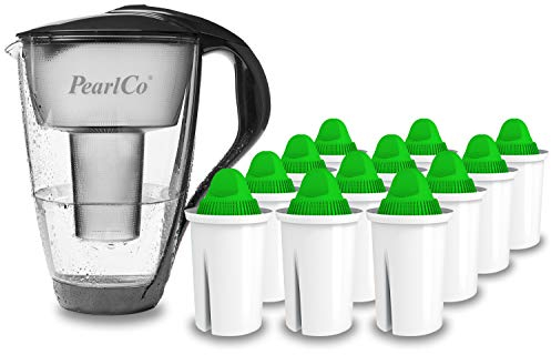 PearlCo - Carafe avec filtre à eau en verre - anthracite - 12 cartouches Alkaline classic incluse (compatible avec Brita Classic)