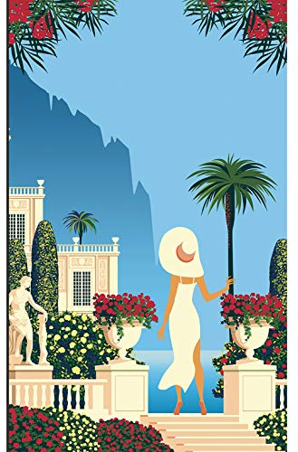 PLAGE Papier peint intissé 250 cm X 150 cm, Paysage Grec avec Femme en Tenue Beige, Vue sur Mer, Fleurs Rouges et Jaunes.