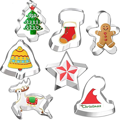 Huahuanghui 7 Stück Weihnachten Ausstechformen Set, Edelstahl Plätzchenausstecher, Weihnachtsbäume, Weihnachtsmann, Schneeflocken, Elche
