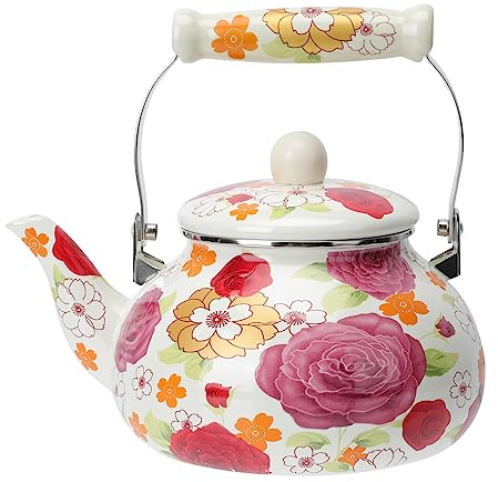 2.5L Enamel Floral Teapot with Porcelain Handle, Vintage Water Kettle for Stovetop, Gas, and Induction Cooktops, Ideal for Tea, Coffee, and Hot Drinks