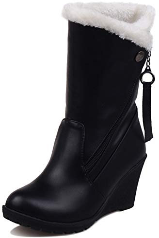 MJIASIAWA Donna A Collo Alto Inverno Warm Esteriore Plateau Zeppa Stivali Da Neve Senza Chiusura Punta Rotonda Classico Stivali Arricciati Nero Numero 33 EU