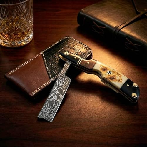 Damascus Steel Straight edge Razor Barber Salon Shaving wet shave real leather sheath for men gift