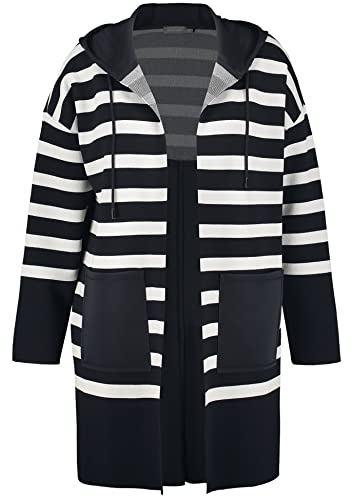 Samoon Damen Lange Strickjacke mit Scuba-Patch Langarm, überschnittene Schultern gestreift Navy - Offwhite Ringel 52