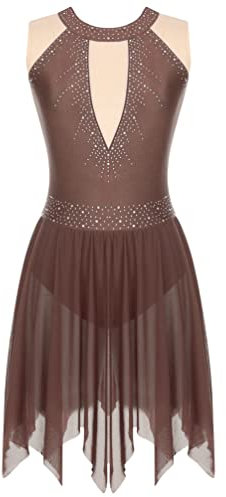 HULIJA Damen Eiskunstlauf Kleid Ballettkleid Langarm Unregelmäßig Tanzkleid mit Strass Ballett Trikot Turnanzug Ballettanzug Tanzkostüm Braun L