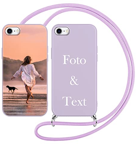 Yoedge Handykette Personalisierte Handyhülle für iPhone 8/7 / SE 2022 / SE 2020 Hülle mit Band Kordel 4,7,Selbst Gestalten mit Foto Bild Text Individuelle Schutzhülle Lila Cover für iPhone SE 3 Case