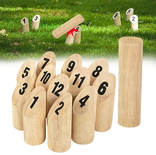 Aufun Kubb Wikingerspiel HolzWurfspiel für draußen, aus Kiefernholz und mit 12 hölzernen Zahlen, Wikingerschach, hölzernes Kegelspiel, hölzernes Wurfspiel für Kinder und Erwachsene