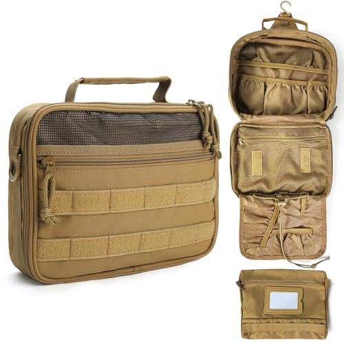 SMONT Taktischer Kulturbeutel für Herren, 24,1 cm, zum Aufhängen, Dopp Kit, Rasier-Hygiene-Tasche für Reisen, Badezimmer, Braun, Multifunktional: