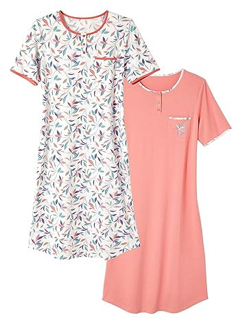 Damart - Lot De 2 Chemises De Nuit Jersey Pur Coton Peigné Femme Lot Rose Feuillage Taille L