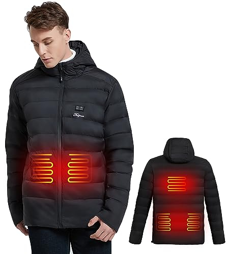 Beheizbare Jacke mit Powerbank,Herren Heizjacke 14400mAh 7.4V,Beheizte Jacken with Kapuze,Warme Jacke Heizjacke mit 5 Heizstufen Wasserdicht Wintermäntel Körperwärmer zum Outdoorarbeiten Skifahren