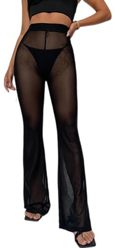 Odizli Festival Outfit Damen Rave Techno Sexy Durchsichtiges Transparent Mesh High Waist Schlaghose Lang Weite Hose Y2K Glitzer Pailletten Gothic Frauen Teenager Mädchen Party Clubwear Schwarz-B S