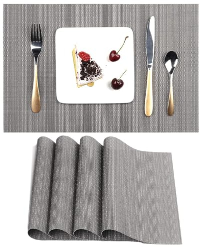 Myir JUN Salvamanteles Individuales Juego de 4, Lavables Manteles Individuales Plásticos de Vinil de Esteras, Resistentes al Calor Antideslizante Fácil de Limpiar y Impermeable 30x43.5cm(Gris Oscuro)
