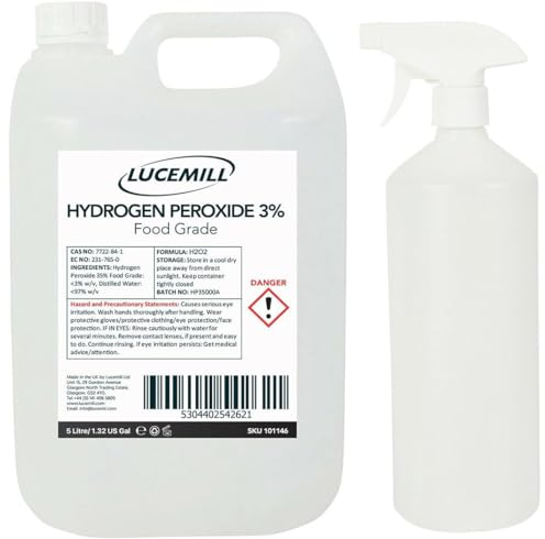 Lucemill Hydrogen Peroxide 3% Food Grade I 5 Litre I Liquid Hydrogen Peroxide Food Grade I Unstabilised I Eco Friendly I Additive Free I Comes with Empty Spray Bottle