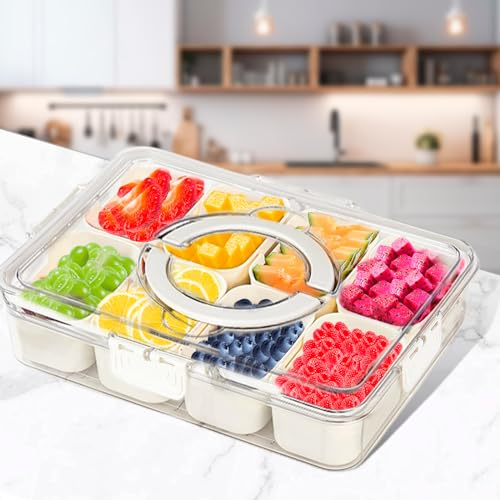 Snack Aufbewahrungsbox, Snackschale mit Deckel, Snackteller mit 8 Fächern, Snackschalen Serviertablett, Servierteller Kunststoff Süssigkeiten Teller Set für SüßIgkeiten Candy Veggie Keks Nüsse Obst